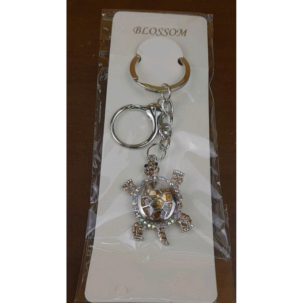 Turtle Gold Rhinestone Crystal Silver Tone Keychain Backpack Purse Clip - Picture 3 of 6